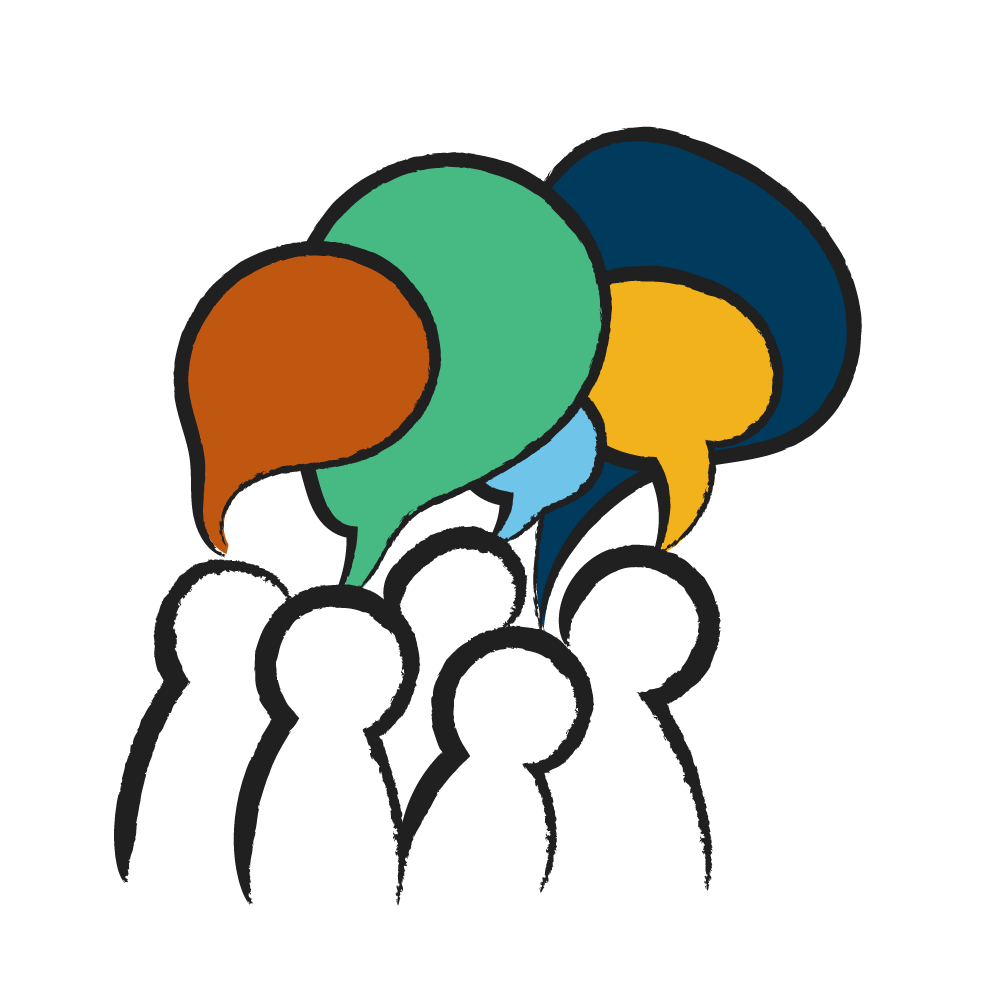 An illustrationof a group of people with speech bubbles of different colors popping out above each of their heads.