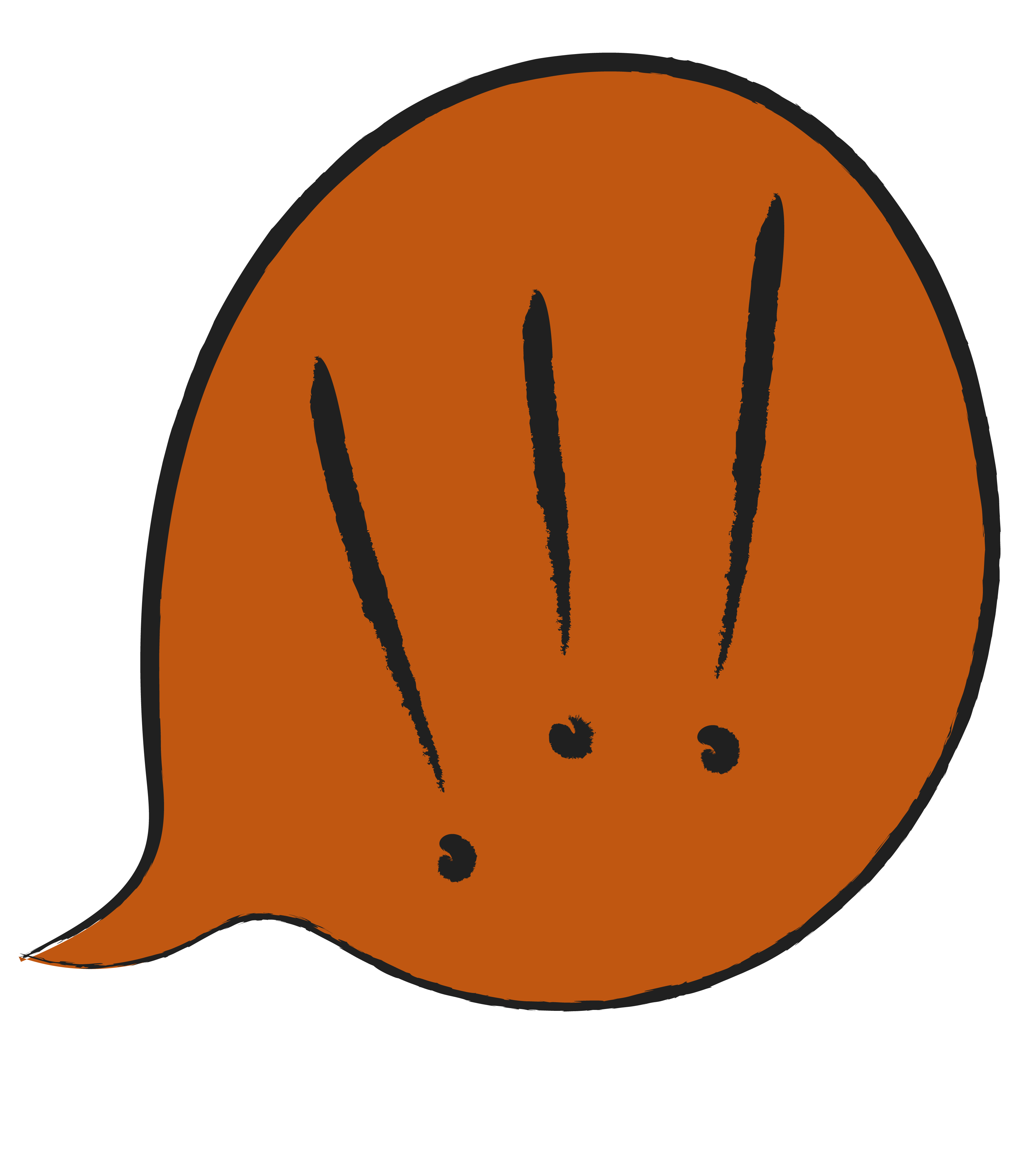 An illustrated orange speech bubble with three exclamation points inside it.