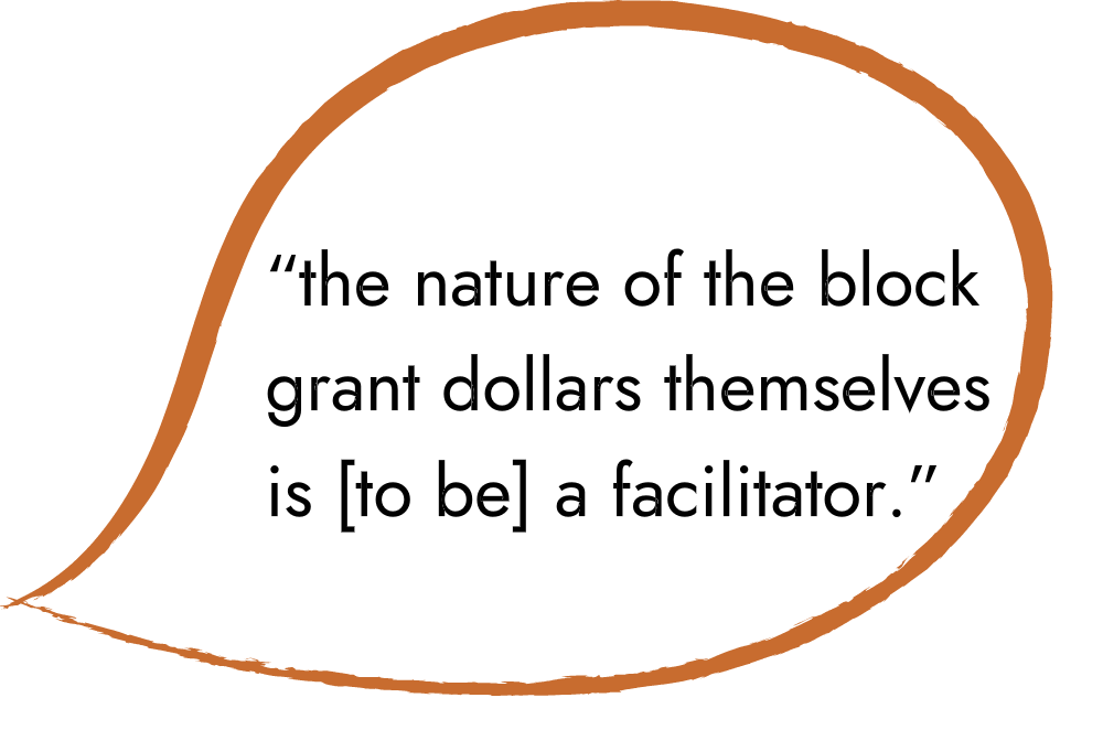 An illustrated orange speech bubble that reads: “the nature of the block grant dollars themselves is [to be] a facilitator.”