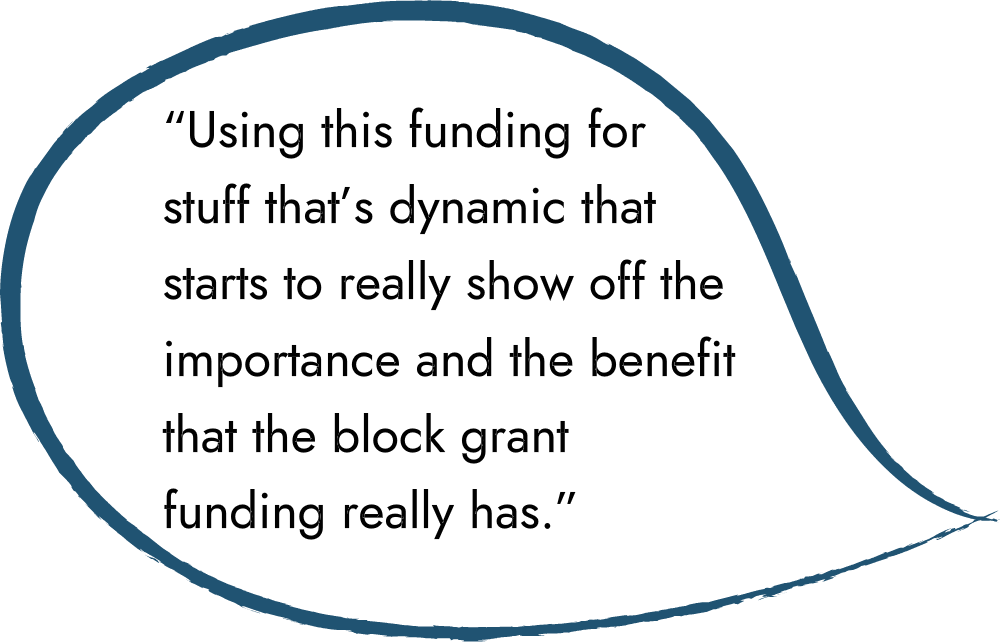 An illustration of a speech bubble with a quote that reads: “Using this funding for stuff that’s dynamic that starts to really show off the importance and the benefit that the block grant funding really has.”